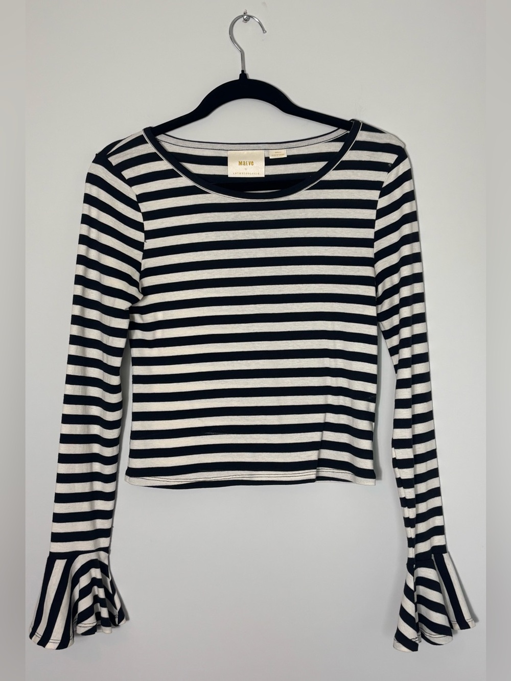 Maeve for Anthropologie Black & White Striped Knit Top – Bell Sleeve | Size XS - Picture 4 of 7
